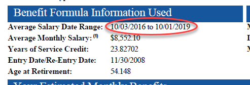 Excerpt from benefit estimate showing salary date range