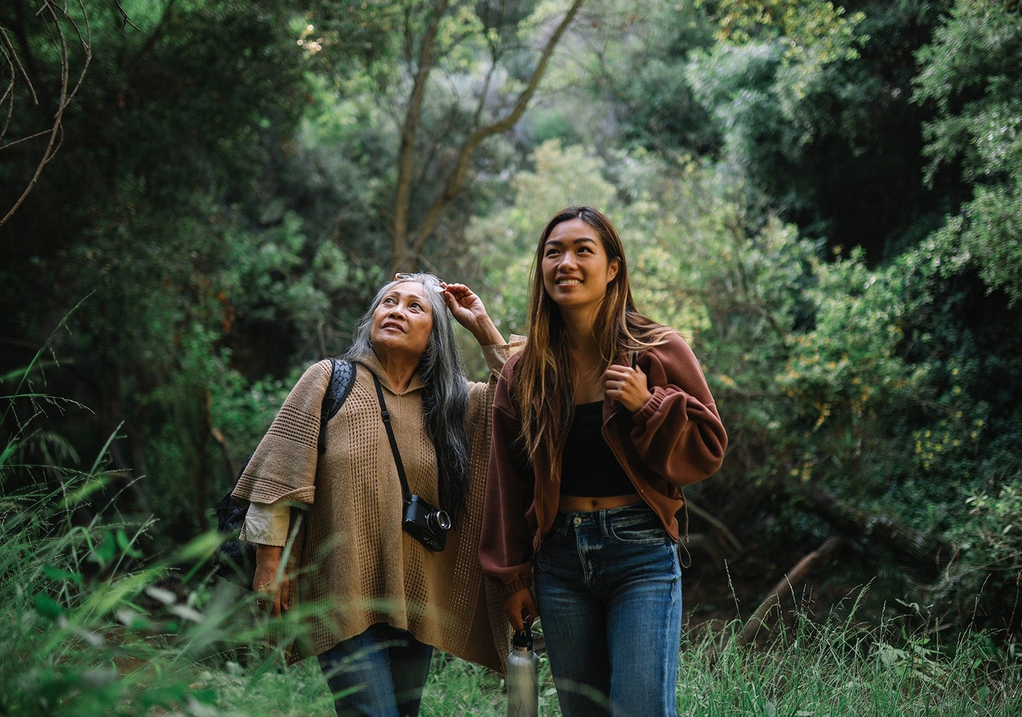 Family members hiking in the forest