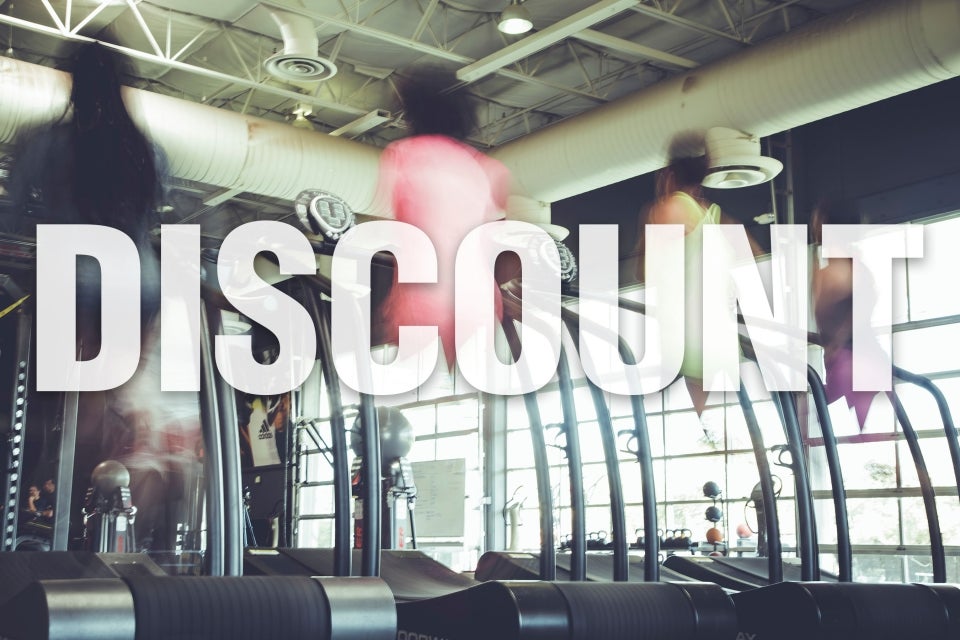 People on treadmills with Discount graphic