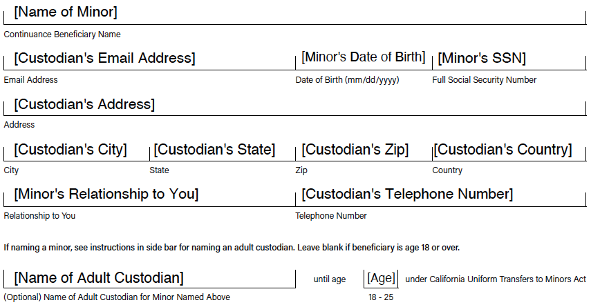Image of the form showing how to name a custodian for a minor