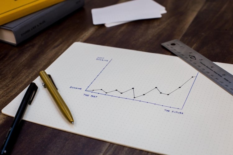 A line graph on paper on a desk