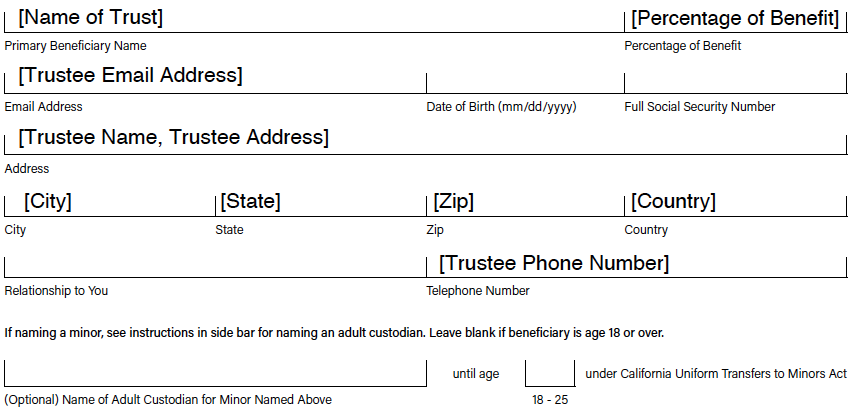 Field example for naming Trust as beneficiary